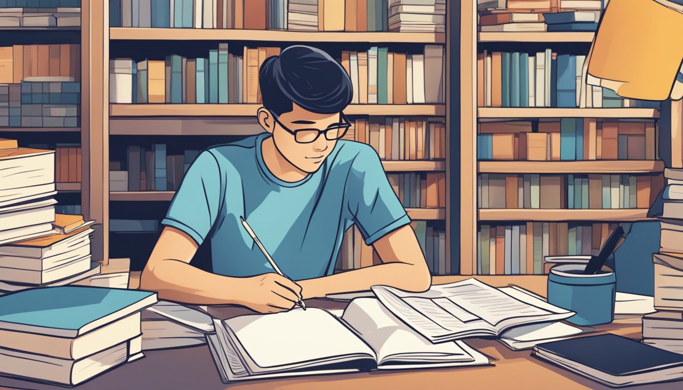 A student confidently fills out an application form for a POSB education loan in Singapore, surrounded by books and study materials