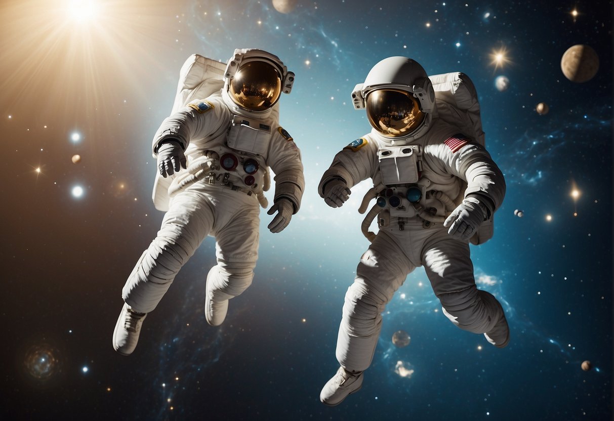 In the zero gravity scene, objects float weightlessly, orbiting each other in a mesmerizing dance. The backdrop is filled with celestial bodies, and the absence of gravity creates a sense of weightlessness and freedom