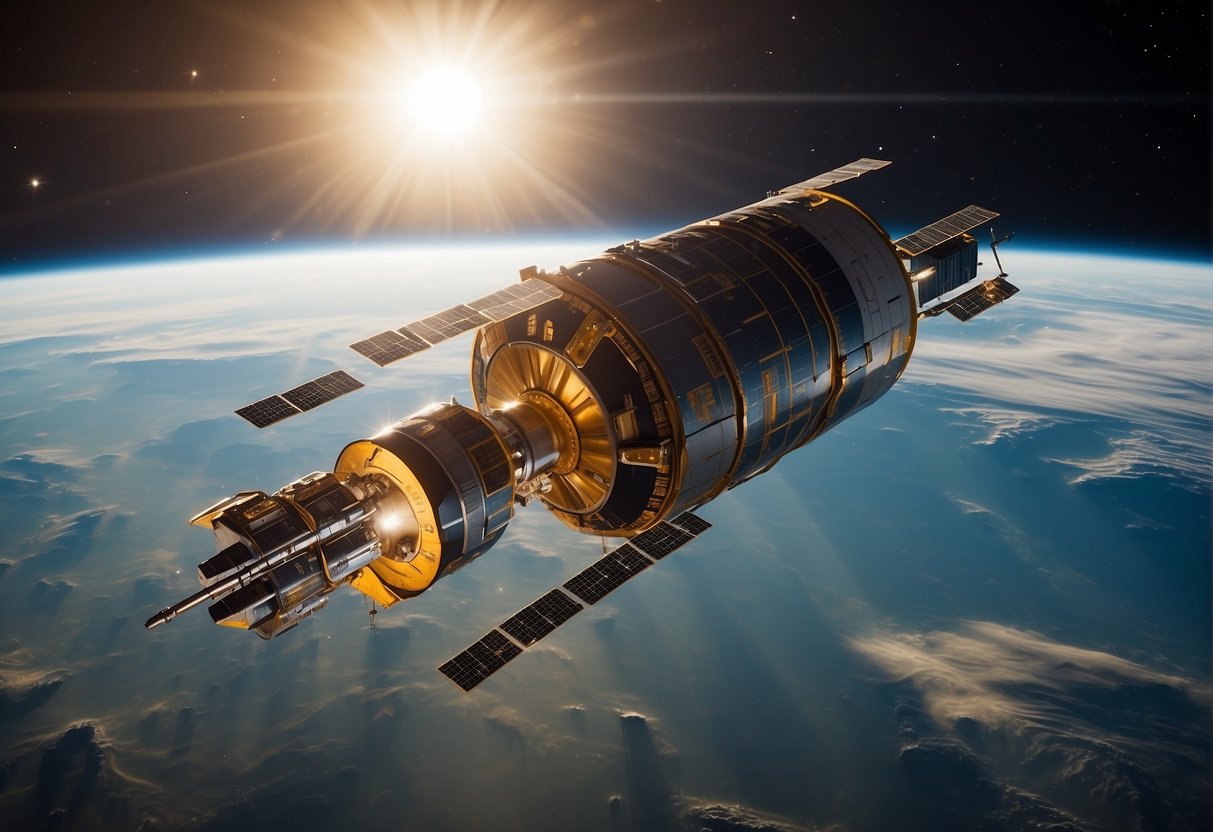 A spacecraft floats weightlessly in space, with tools and equipment floating around it. The sun shines brightly in the background, casting long shadows across the scene