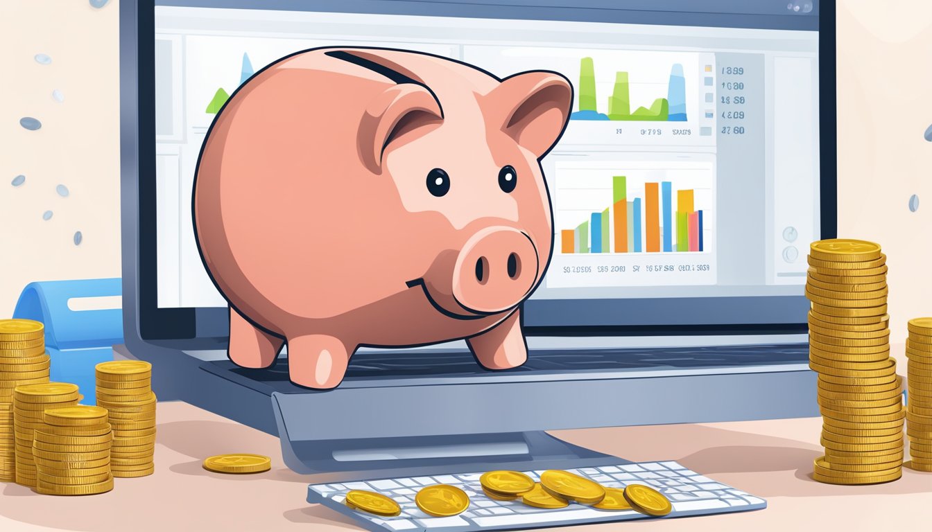 A computer screen displaying the POSB eSavings account with a graph showing steady growth, alongside a piggy bank and a stack of coins, symbolizing financial stability and savings