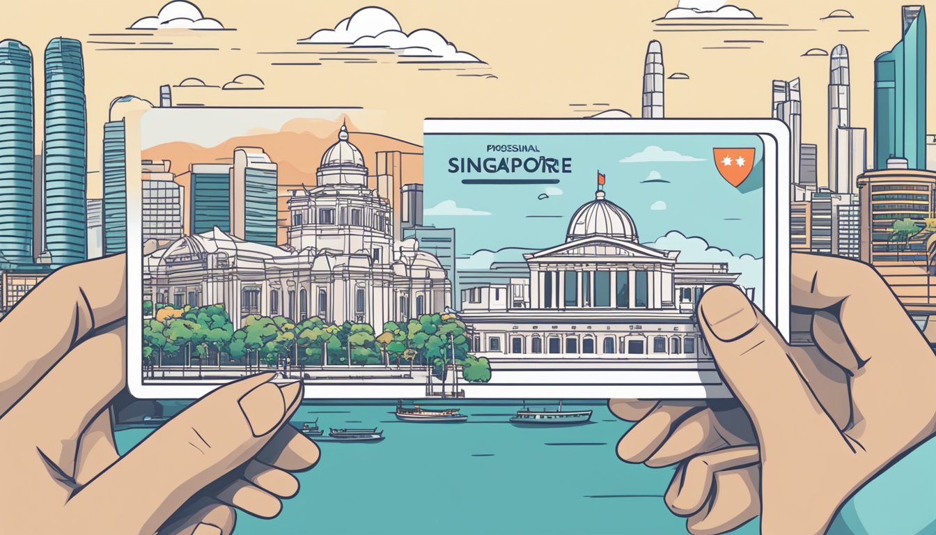 The scene depicts a POSB Everyday Card with its benefits listed, alongside an illustration of Singapore landmarks