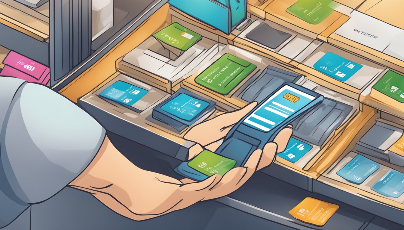A person swiping a POSB Everyday Card at various merchants, with benefits and rewards visibly displayed