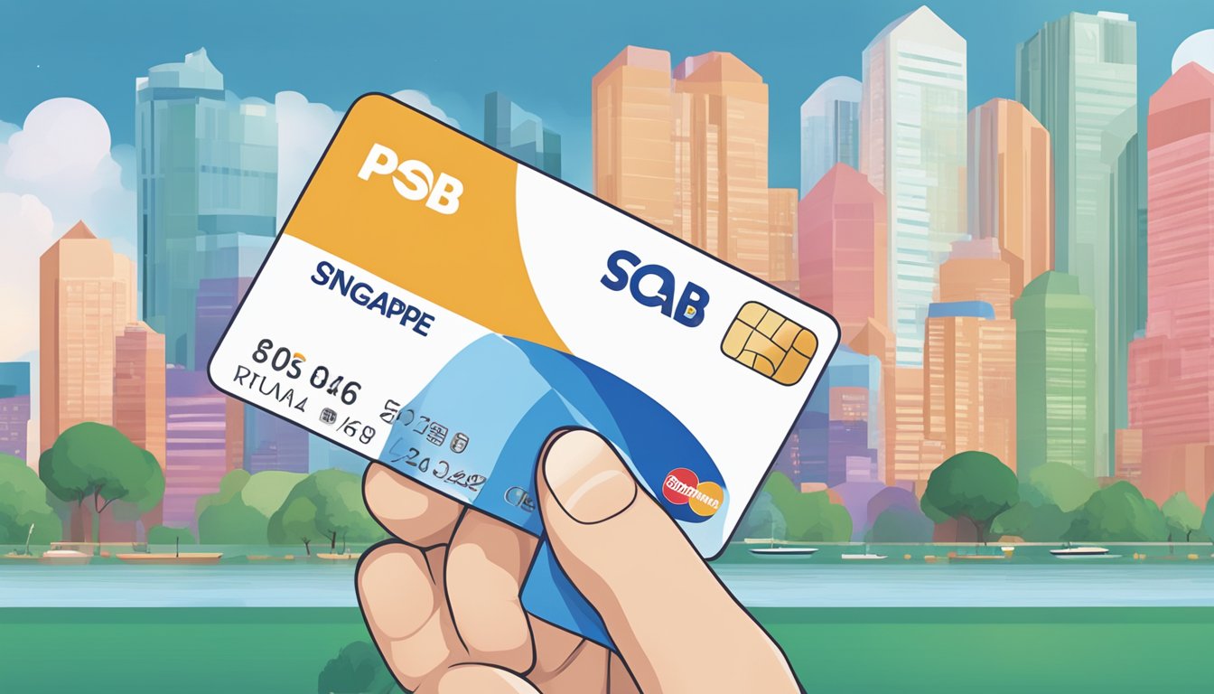 A hand holds POSB Everyday Card next to other cards. Benefits listed. Singapore backdrop