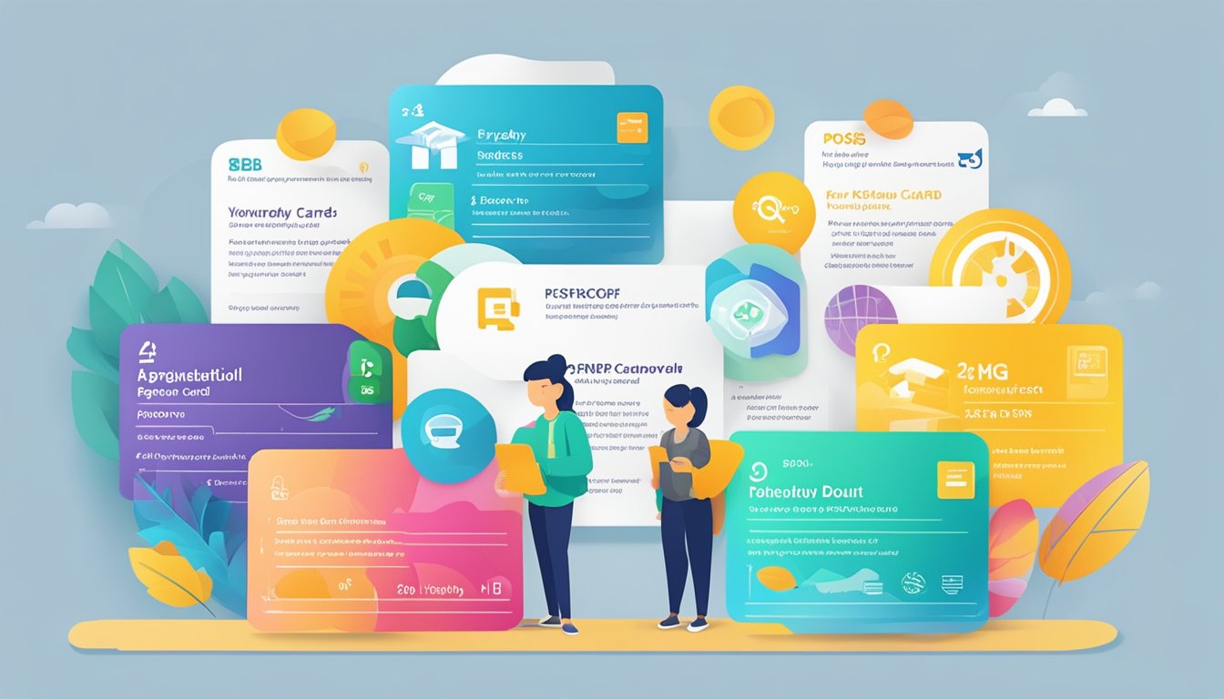 A colorful display of FAQs and benefits of the POSB Everyday Card in Singapore, with vibrant graphics and clear text