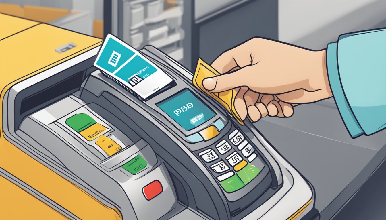 A hand swipes a POSB Everyday Card at a Singapore cashback terminal