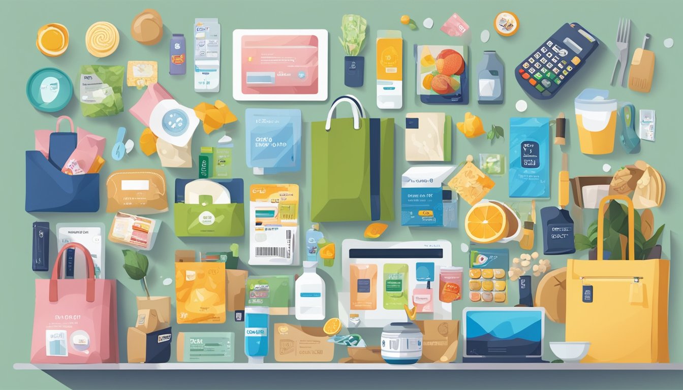 A credit card with "POSB Everyday Card" is shown with a minimum spend requirement in Singapore. The card is surrounded by various everyday items and activities, such as groceries, dining, and shopping