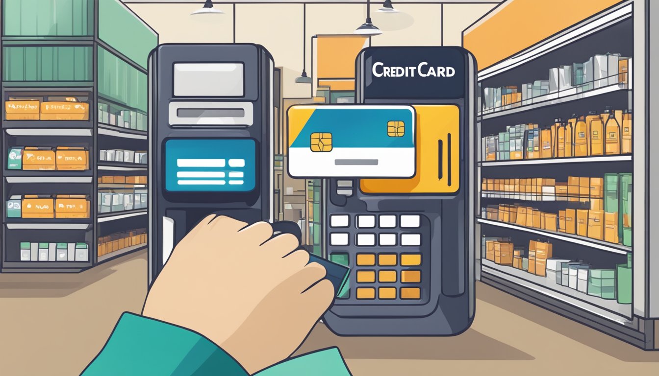 A credit card being swiped at a retail store with a minimum spend sign displayed