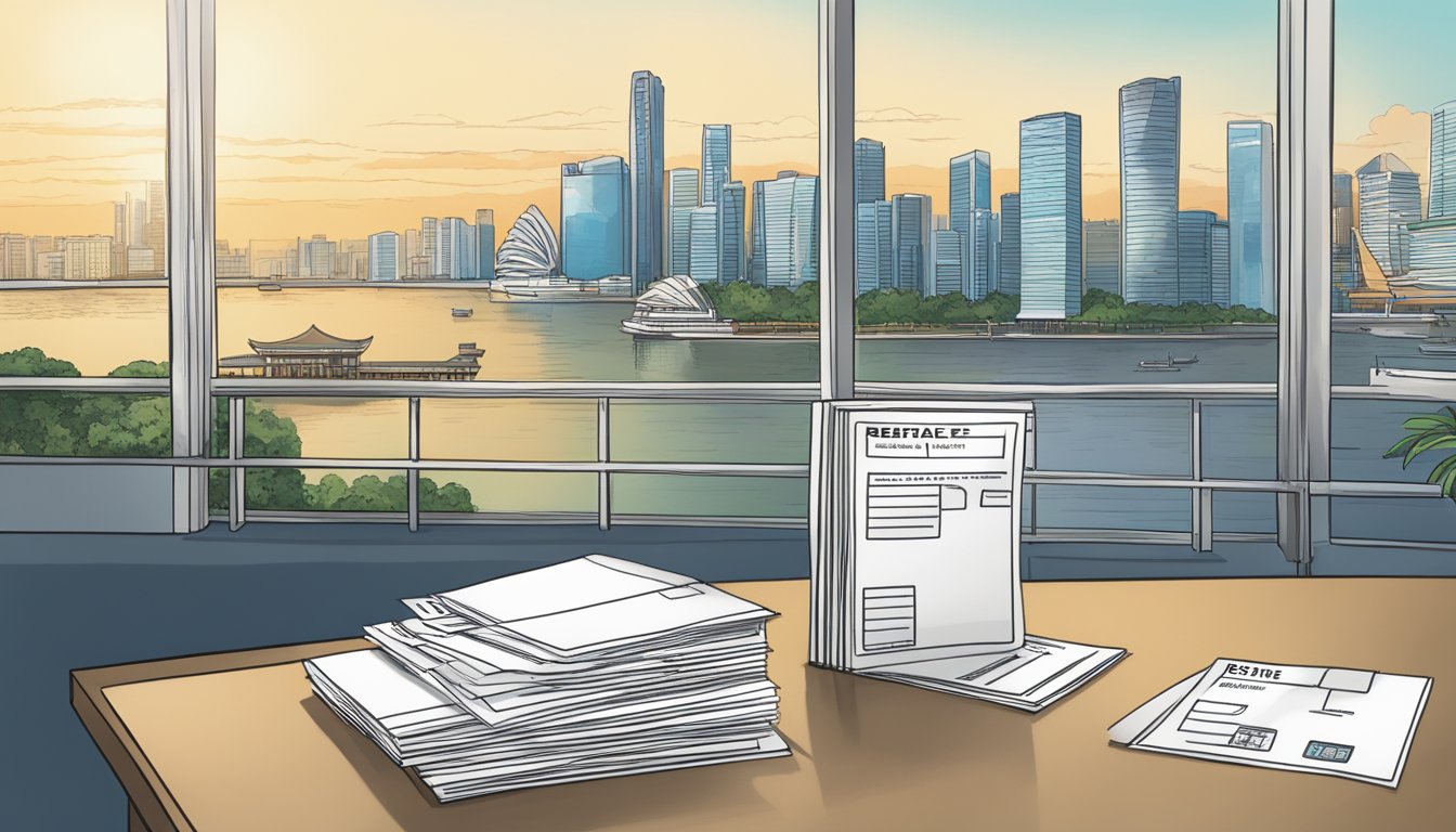 A POSB Everyday Card sits on a table, with a stack of receipts and a calculator next to it. The card features a prominent "rebate" label, while the Singapore skyline is visible through a nearby window