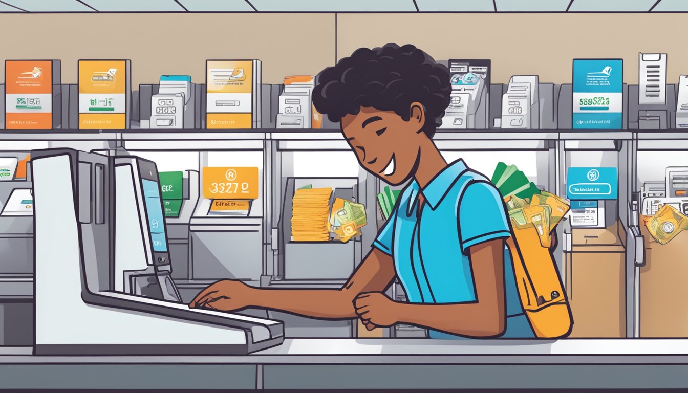 A person swiping a POSB Everyday Card at a checkout counter, with a prominent cash rebate offer displayed on the card