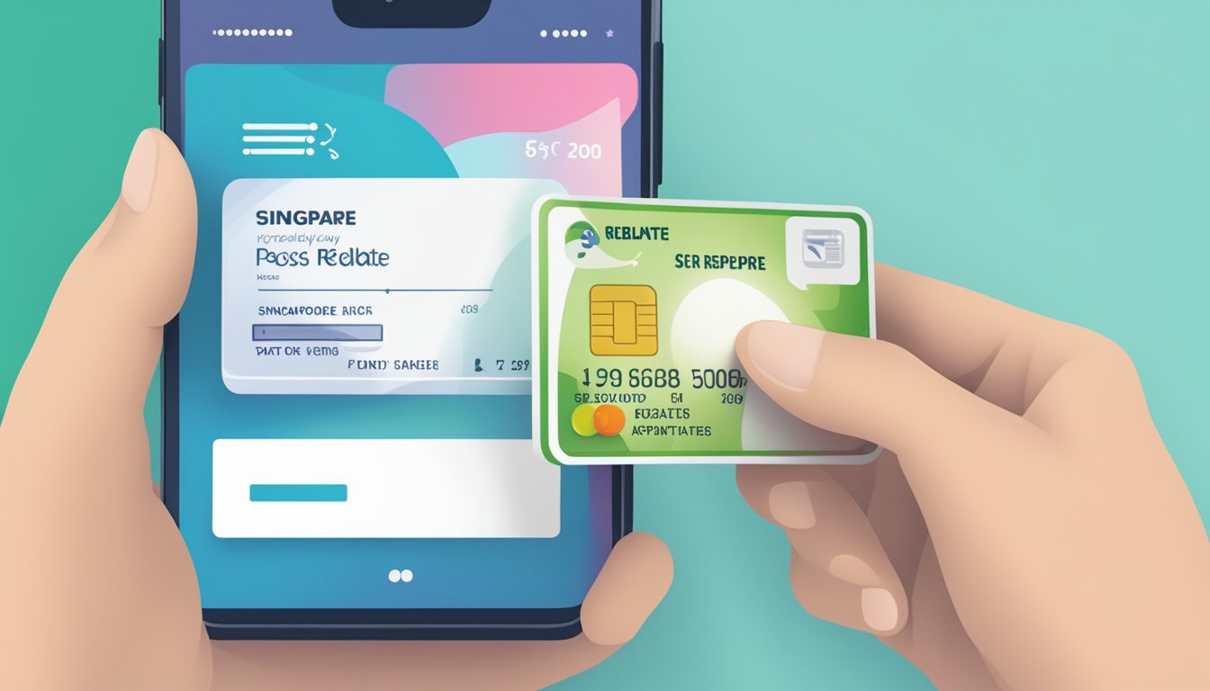 A hand holding a POSB Everyday Card, with a smartphone displaying the application process for the card rebate in Singapore