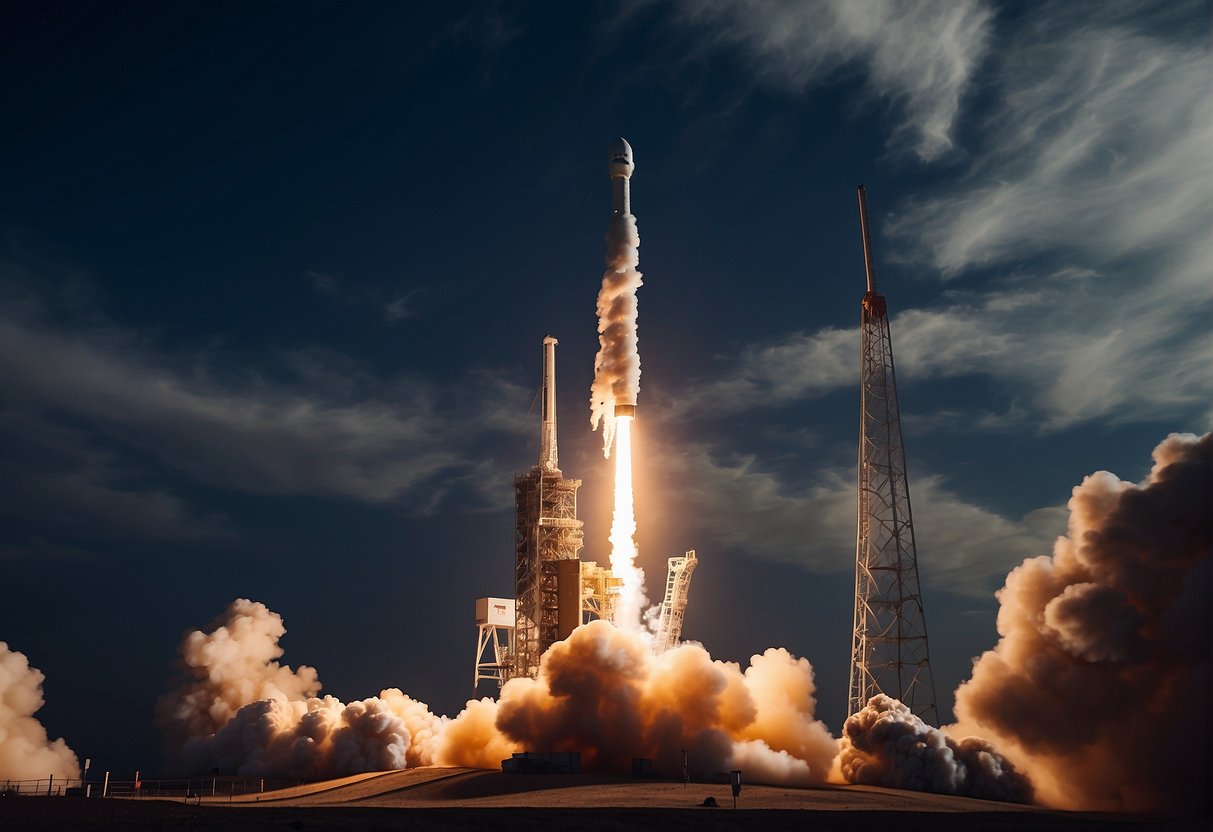 SpaceX in Cinema - A SpaceX rocket launches into the night sky, leaving a trail of fire and smoke behind as it ascends toward the stars