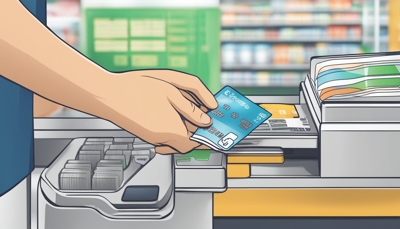 A hand holding a POSB Everyday Card while swiping it at a Sheng Siong checkout counter in Singapore, with cash rebates and rewards displayed on the card