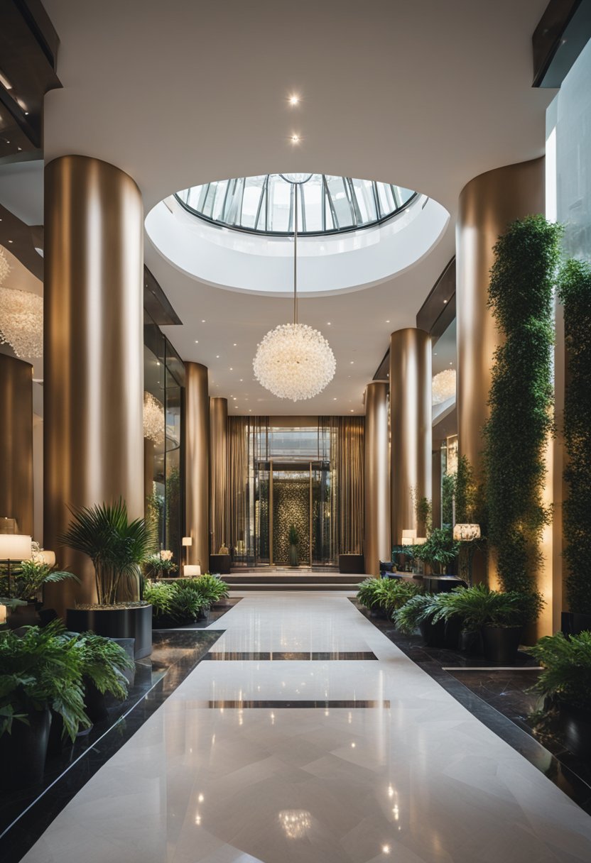 A grand entrance with a valet stand and lush landscaping. A sleek lobby with modern furniture and a welcoming front desk. Elegant rooms with plush bedding and stylish decor