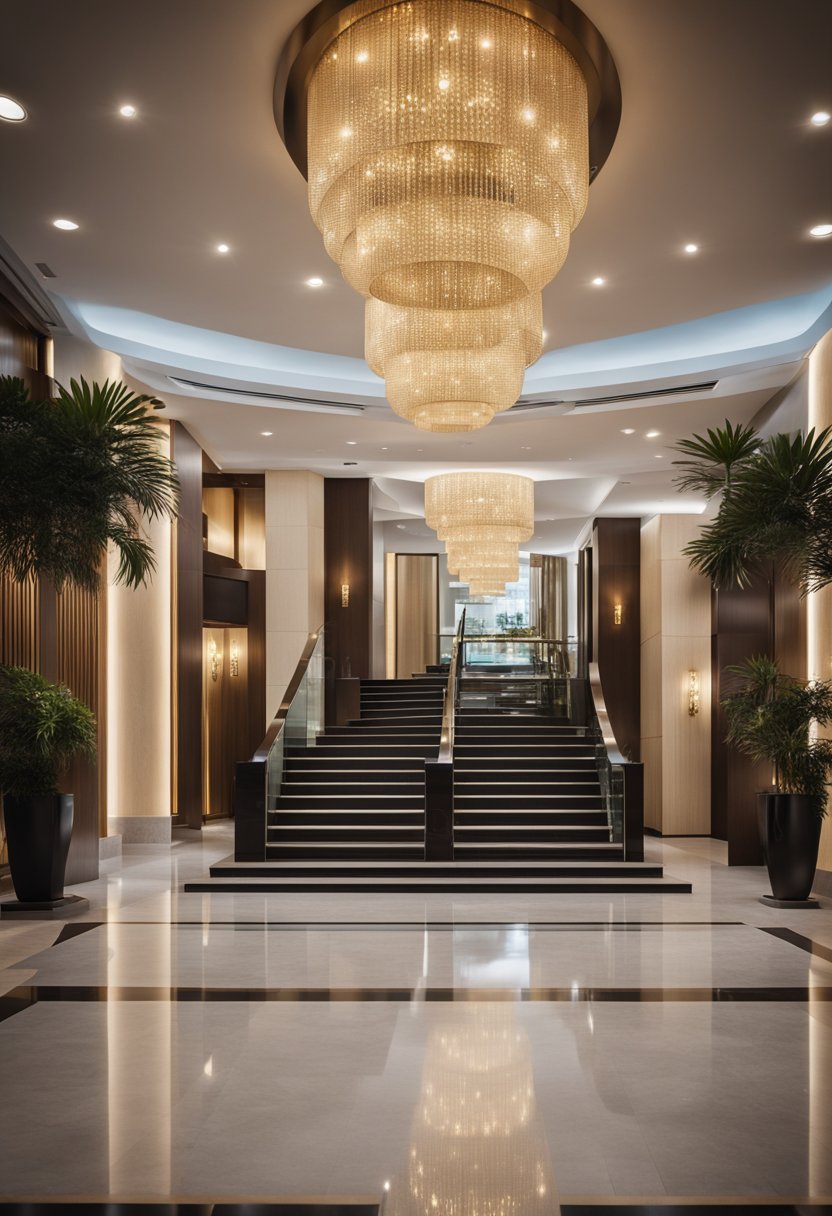 A grand entrance with a sleek, modern facade and a welcoming lobby adorned with elegant furnishings and warm lighting