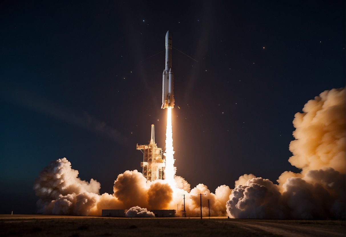 A SpaceX rocket launches into the night sky, illuminating the surrounding area with a bright, fiery glow. The powerful thrust propels the rocket upwards, leaving a trail of smoke and flames behind