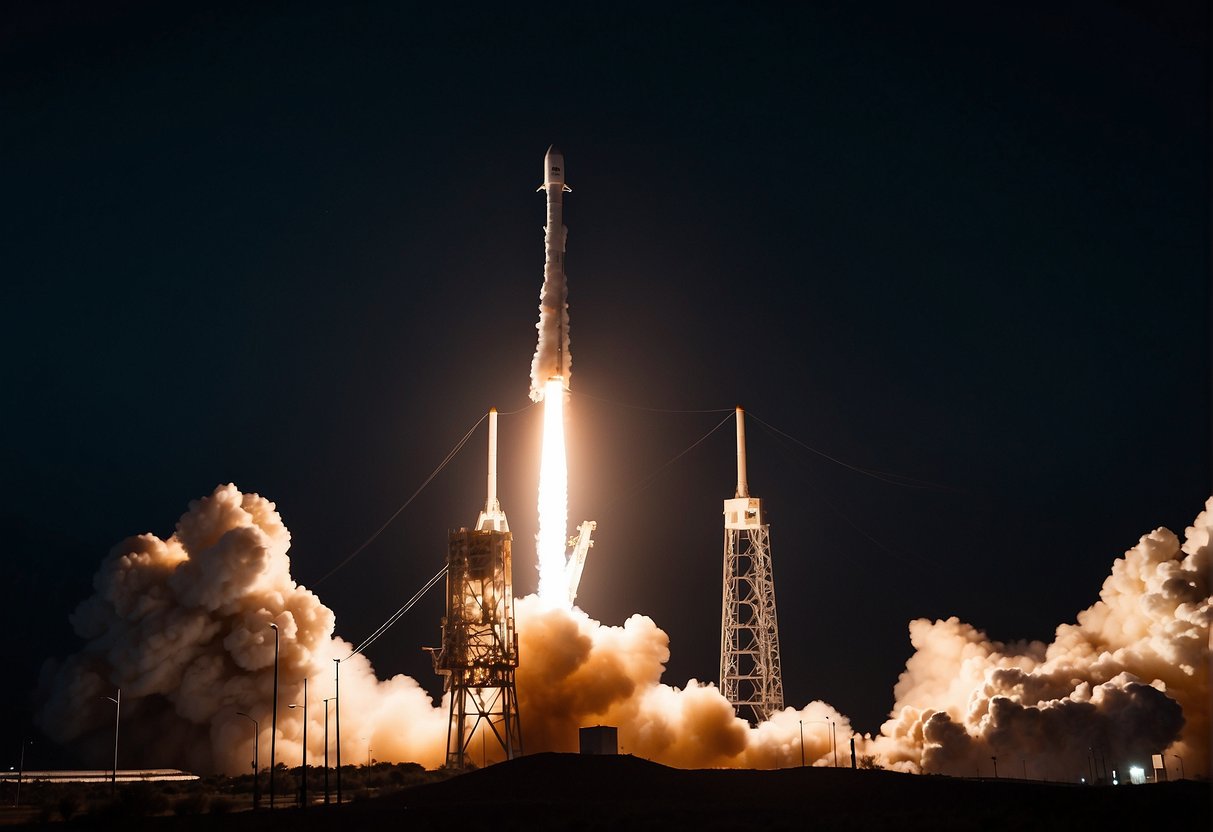 A SpaceX rocket launches into the night sky, illuminating the surrounding area with its fiery engines. The sleek, futuristic design of the rocket contrasts with the darkness of space