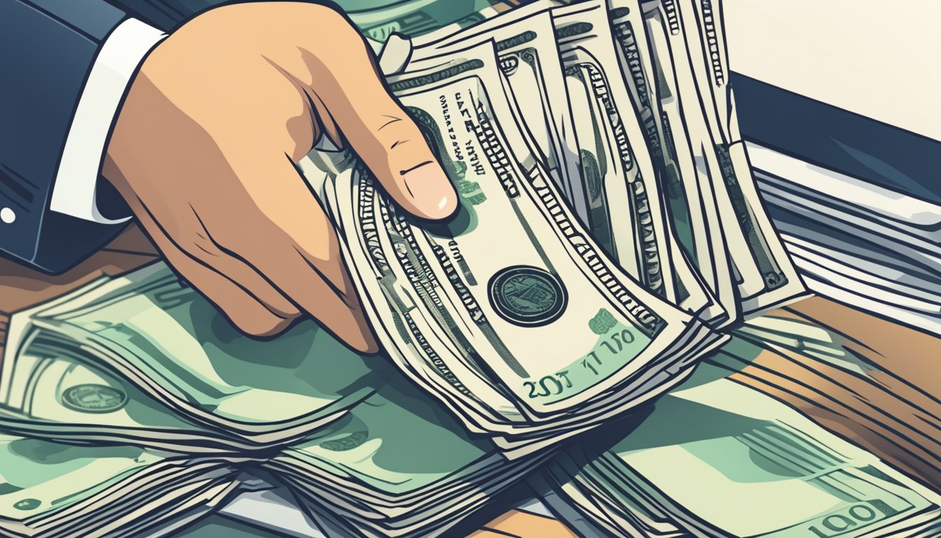 A hand holding a stack of cash, with a document showing loan details. Another hand receiving the cash, with a calendar showing repayment dates