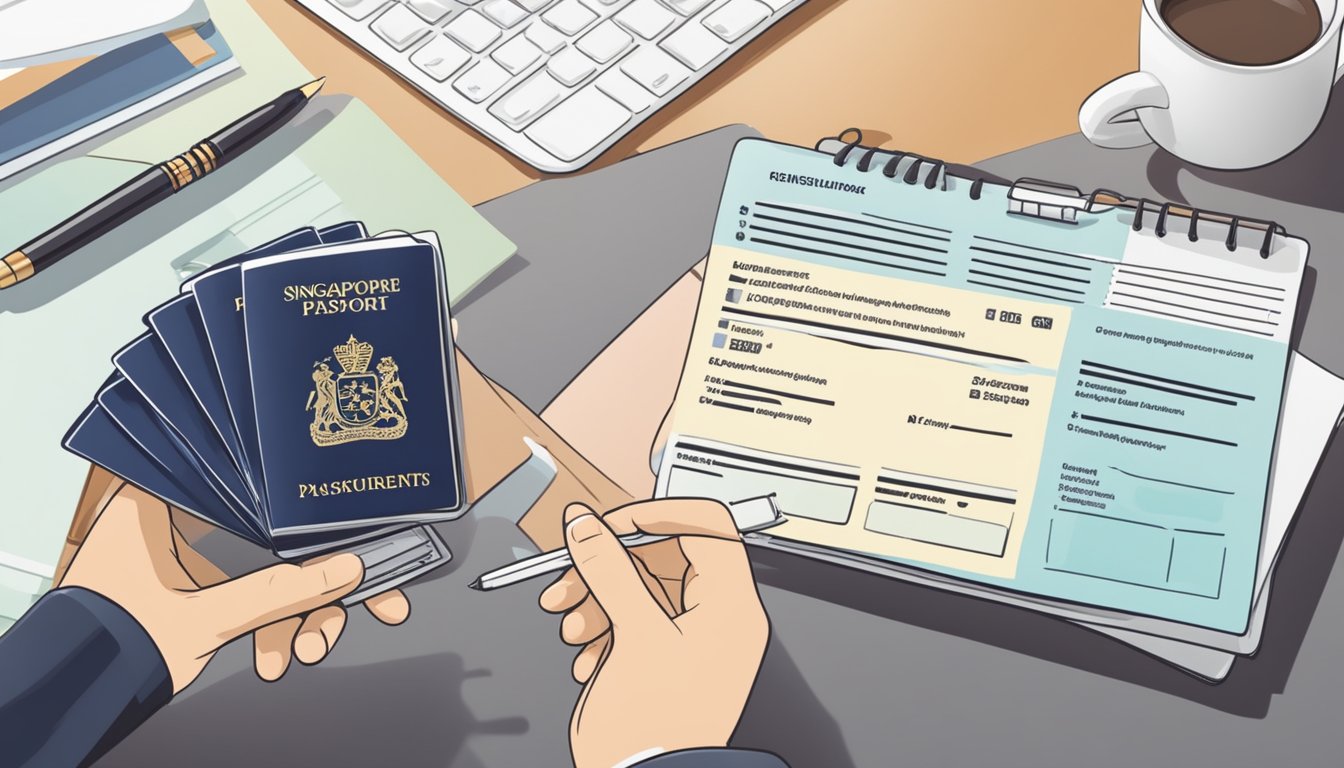 A person holding a Singaporean passport and payslip, with a checklist of loan requirements and eligibility criteria in the background