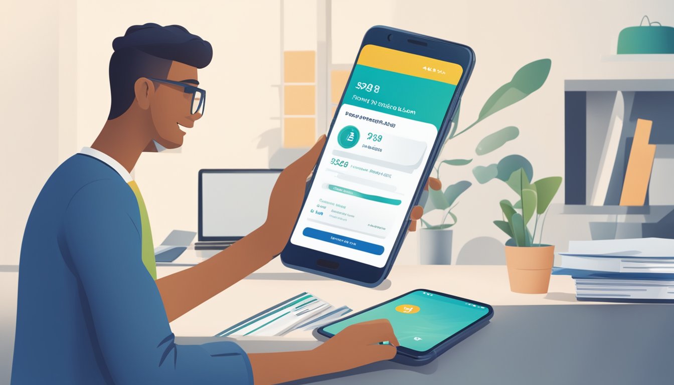 A person using a smartphone to apply for a POSB fast loan, with the POSB logo and loan details displayed on the screen