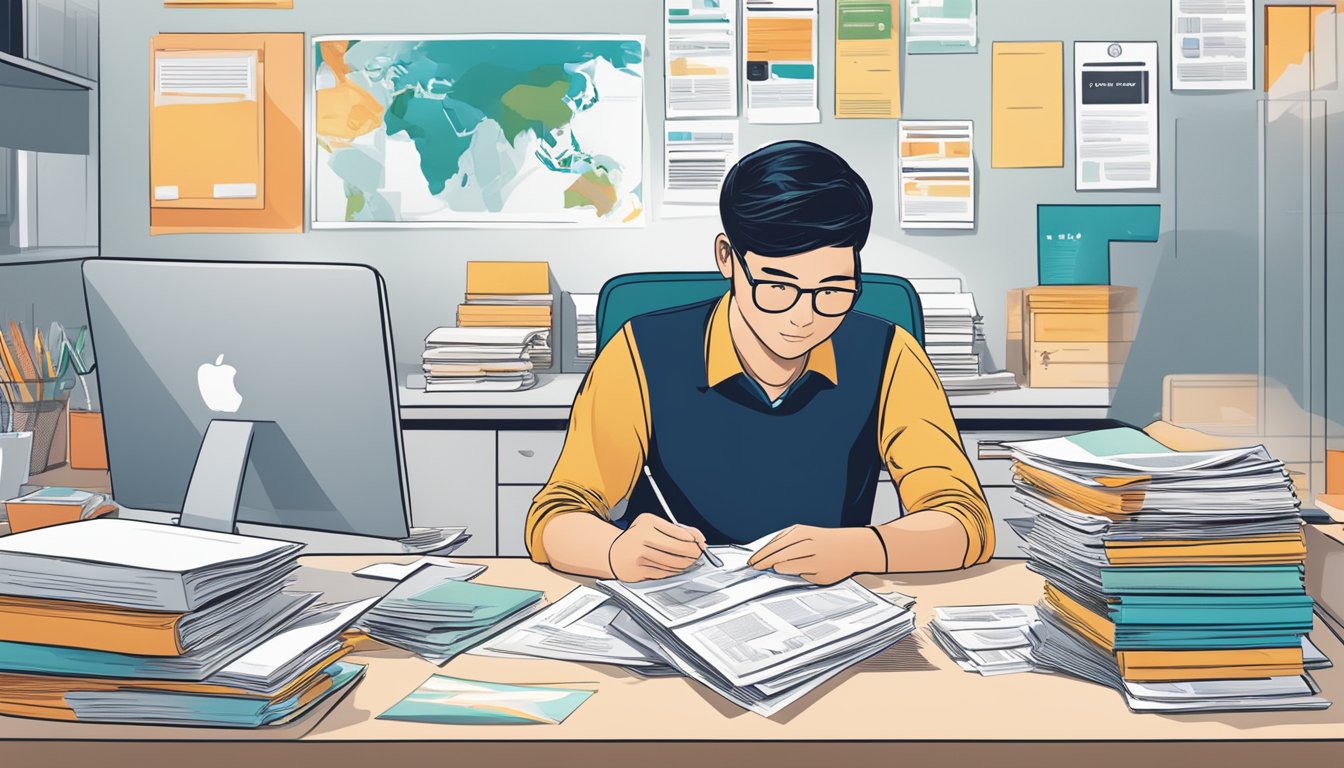 A person sits at a desk, surrounded by various bank brochures and papers. They are comparing DBS Personal Loans with those offered by other banks in Singapore