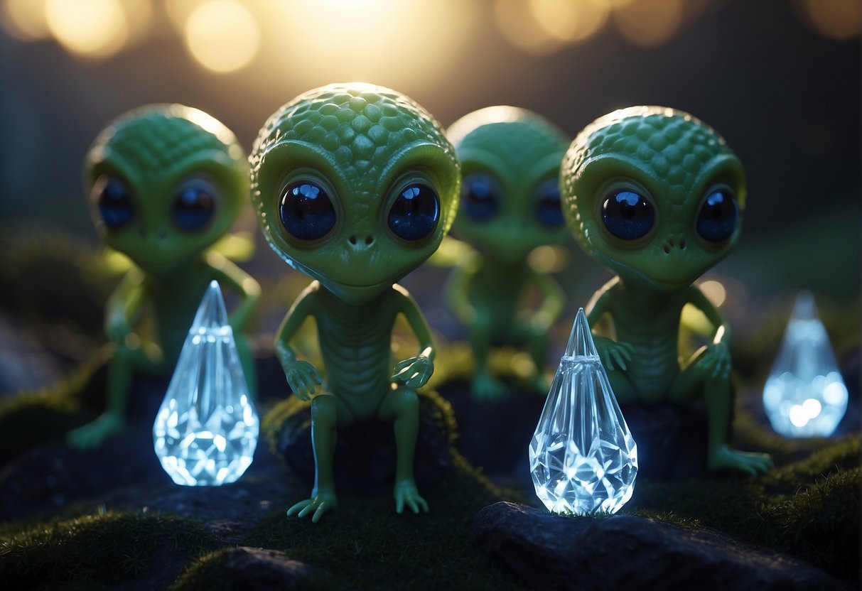 Creating Aliens - A group of alien creatures gather around a glowing crystal, their unique features and appendages hinting at a diverse range of extraterrestrial life forms