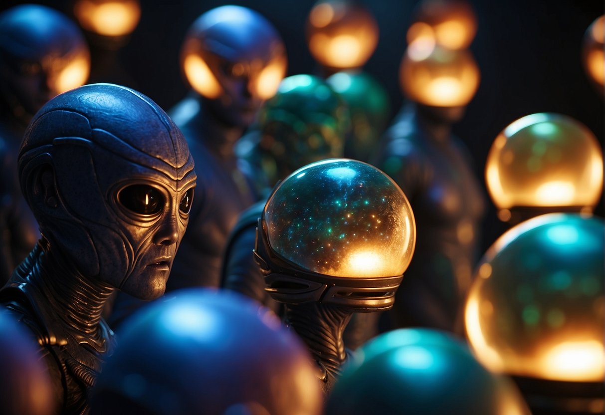 A group of extraterrestrials huddle around a glowing orb, manipulating colorful energy to create unique alien life forms