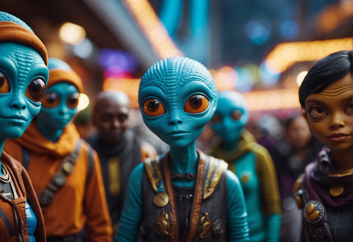 A diverse group of aliens from different planets gather at a vibrant intergalactic marketplace, showcasing unique features and cultural influences