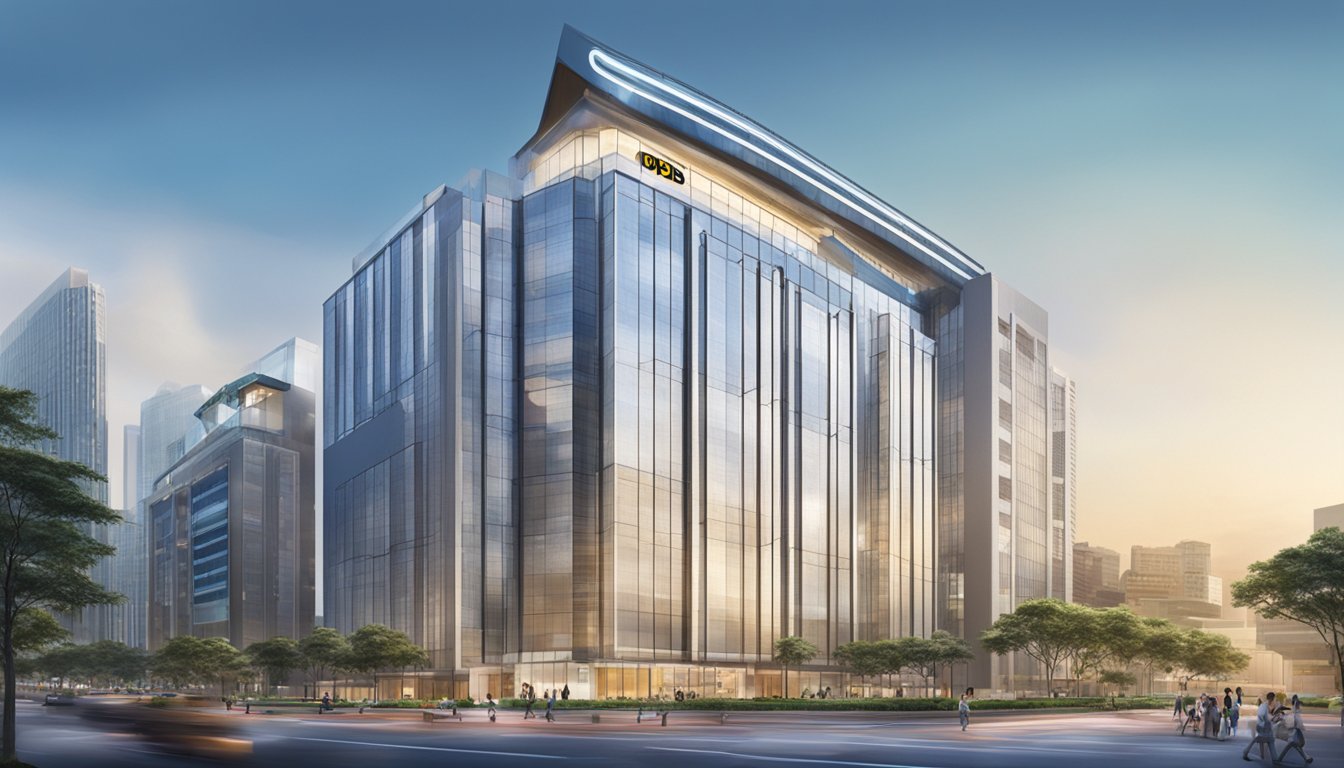 A modern building in Singapore with the POSB logo displayed prominently on the exterior