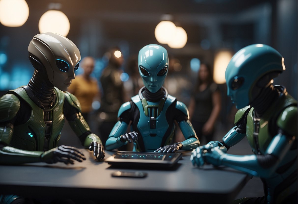 A group of diverse aliens gather around a futuristic workshop, exchanging ideas and creating unique life forms