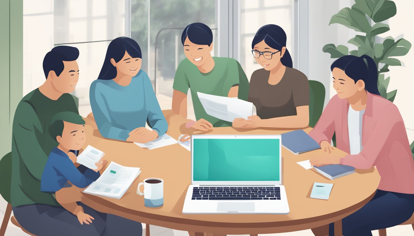 A family sits around a table, discussing the benefits of POSB Housing Loan in Singapore. A laptop and documents are spread out, showing the ease and flexibility of the loan options