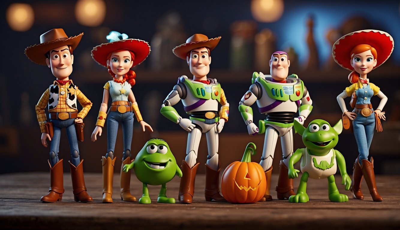 Toy Story Halloween costumes displayed with costume accessories and props. Woody's cowboy hat, Buzz Lightyear's wings, and Jessie's red cowgirl hat are all visible Toy Story Halloween Costumes