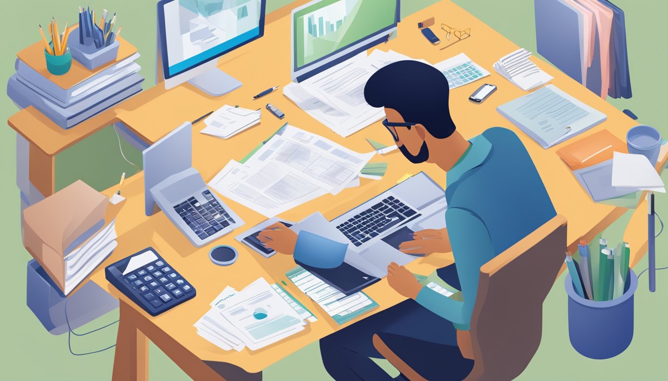 A person sitting at a desk, filling out paperwork for a POSB home loan. A computer, calculator, and documents are scattered on the desk