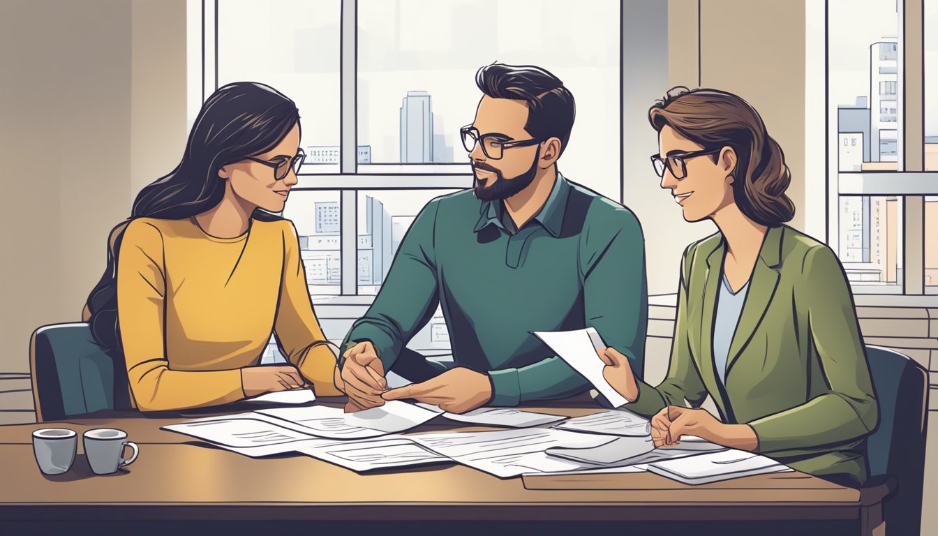 A couple sits at a table, discussing loan options with a POSB representative. Documents and charts are spread out, indicating a serious conversation