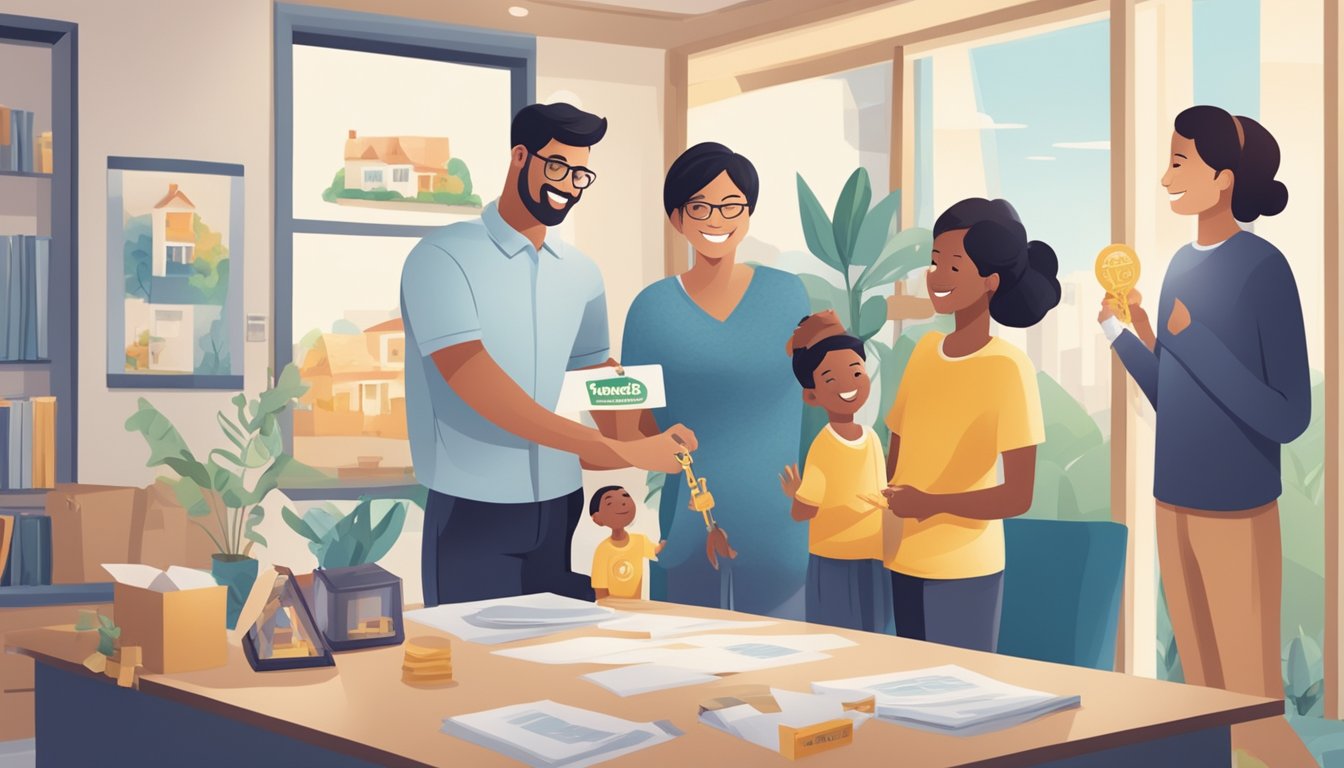 A family happily receives a key to their new home from a POSB representative, surrounded by promotional banners and signs for POSB housing loans