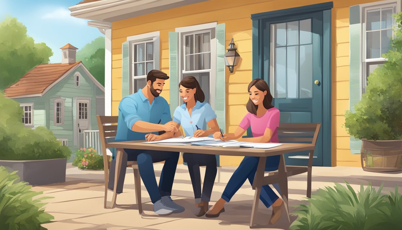 A couple sits at a table, signing paperwork with a real estate agent. A "Sold" sign sits outside a charming house
