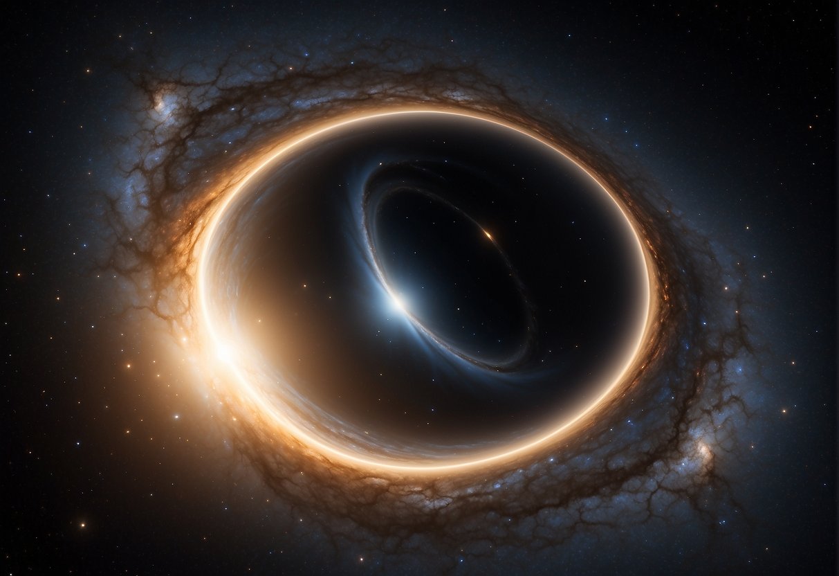 A swirling, luminous black hole looms in the center of a star-filled galaxy, emitting powerful gravitational waves. Rays of light bend and distort around its event horizon, creating a mesmerizing and ominous spectacle