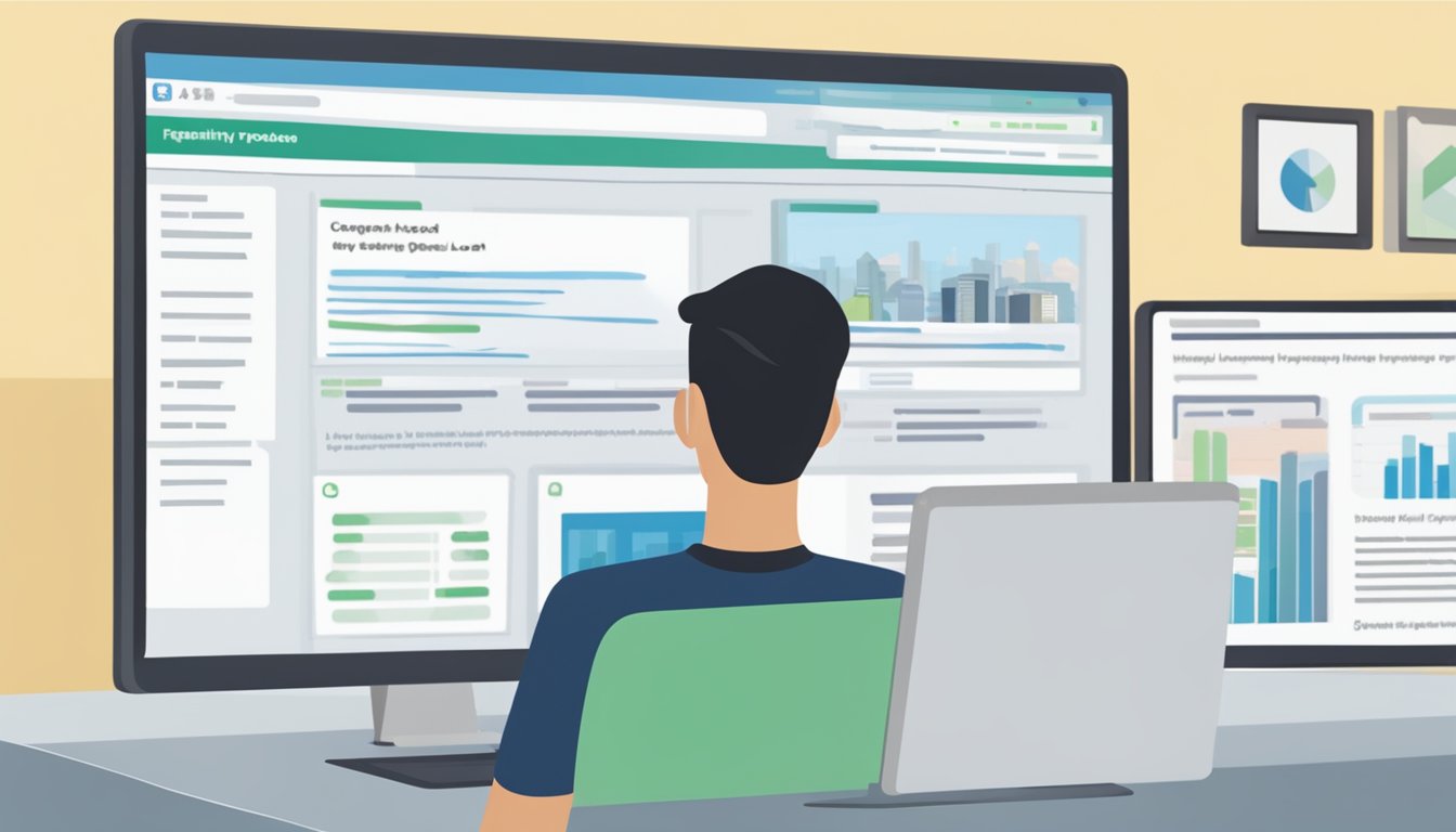 A person standing in front of a computer, browsing through a website with the title "Frequently Asked Questions POSB Housing Loan Singapore" displayed on the screen