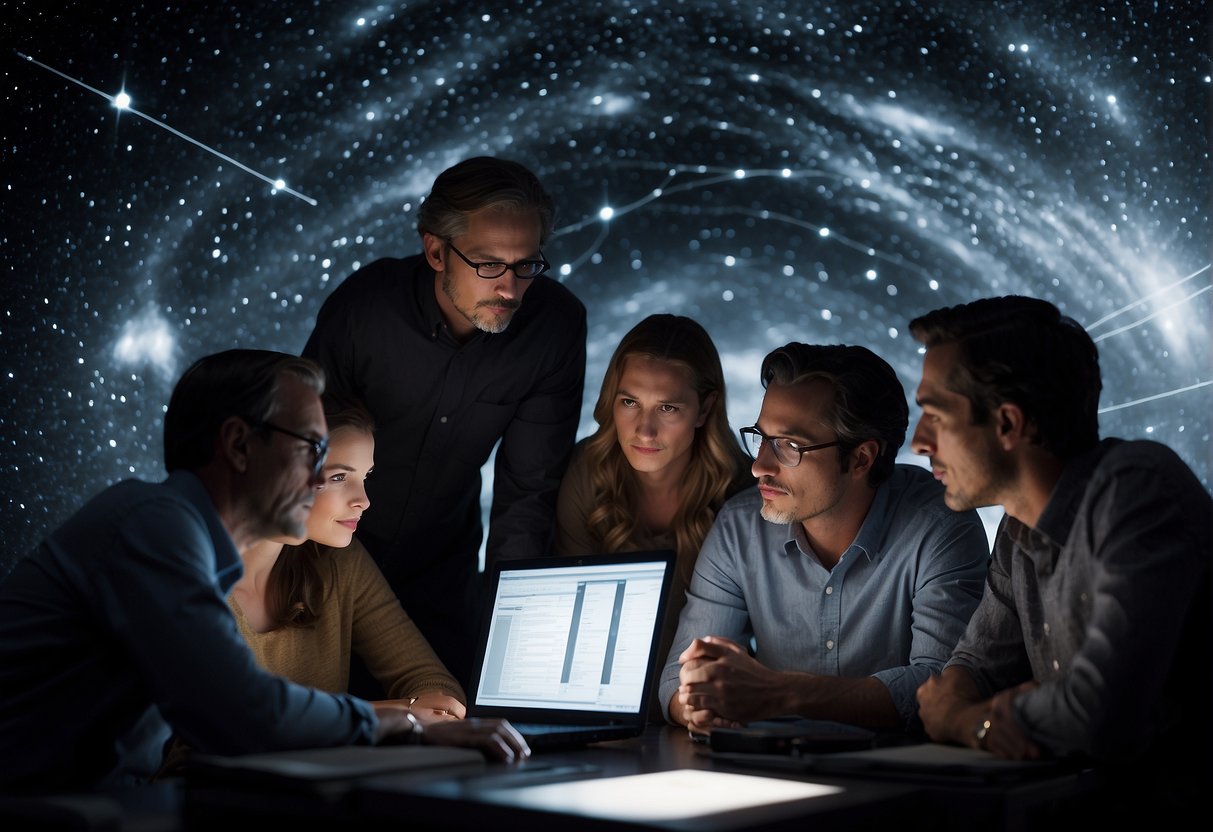 A group of astrophysicists huddle around a computer screen, analyzing data and discussing the intricate details of a black hole. Charts and graphs cover the walls, showcasing the scientific rigor behind the creation of the movie Interstellar's iconic black hole