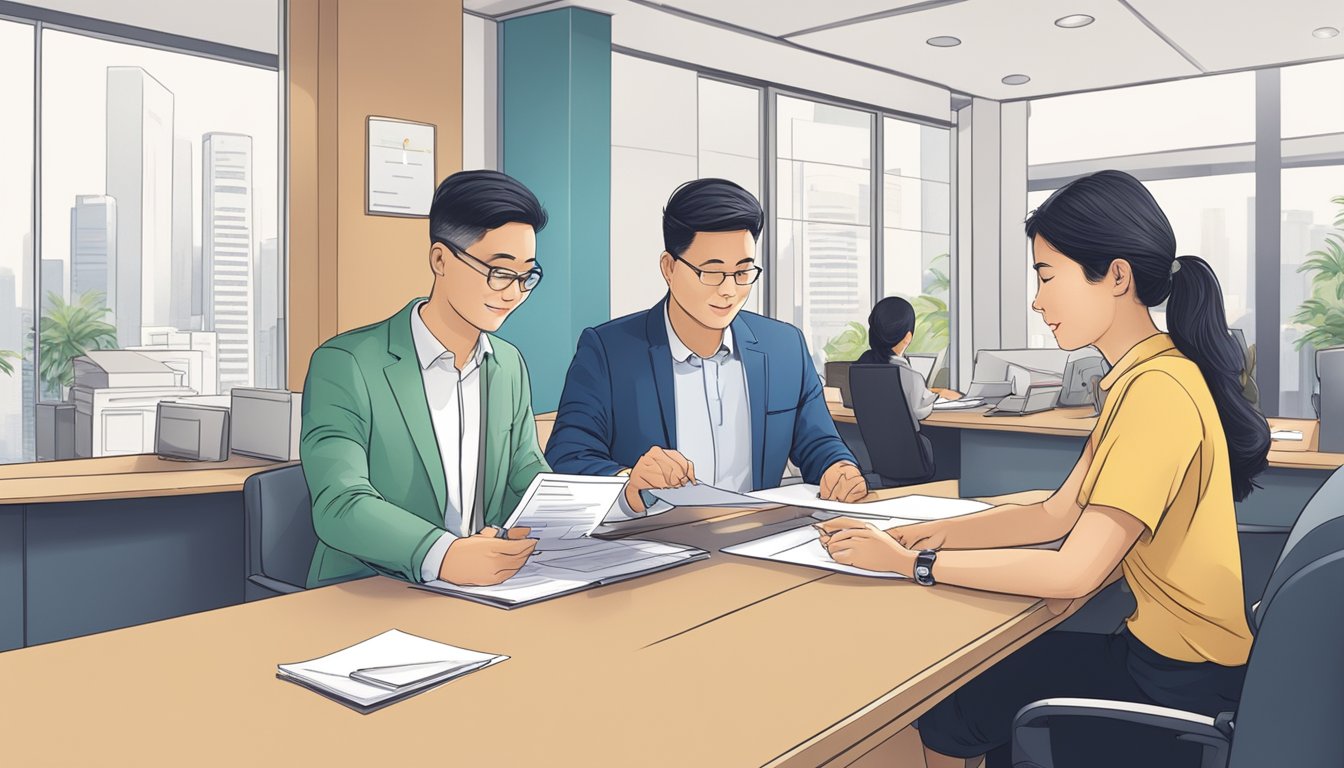 A couple sits at a bank desk in Singapore, filling out forms for a joint account opening. The bank officer assists them with paperwork