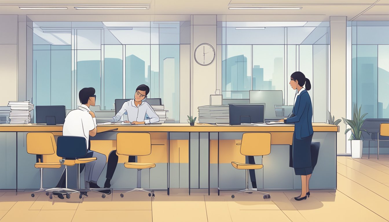 Two individuals filling out forms at a POSB branch, with a bank officer assisting them. Documents and identification cards are laid out on a desk
