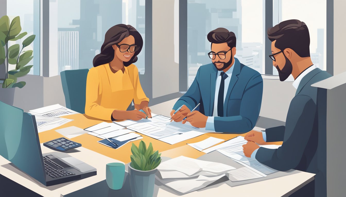A couple sits at a desk, filling out forms together. A bank representative assists them in opening a joint account