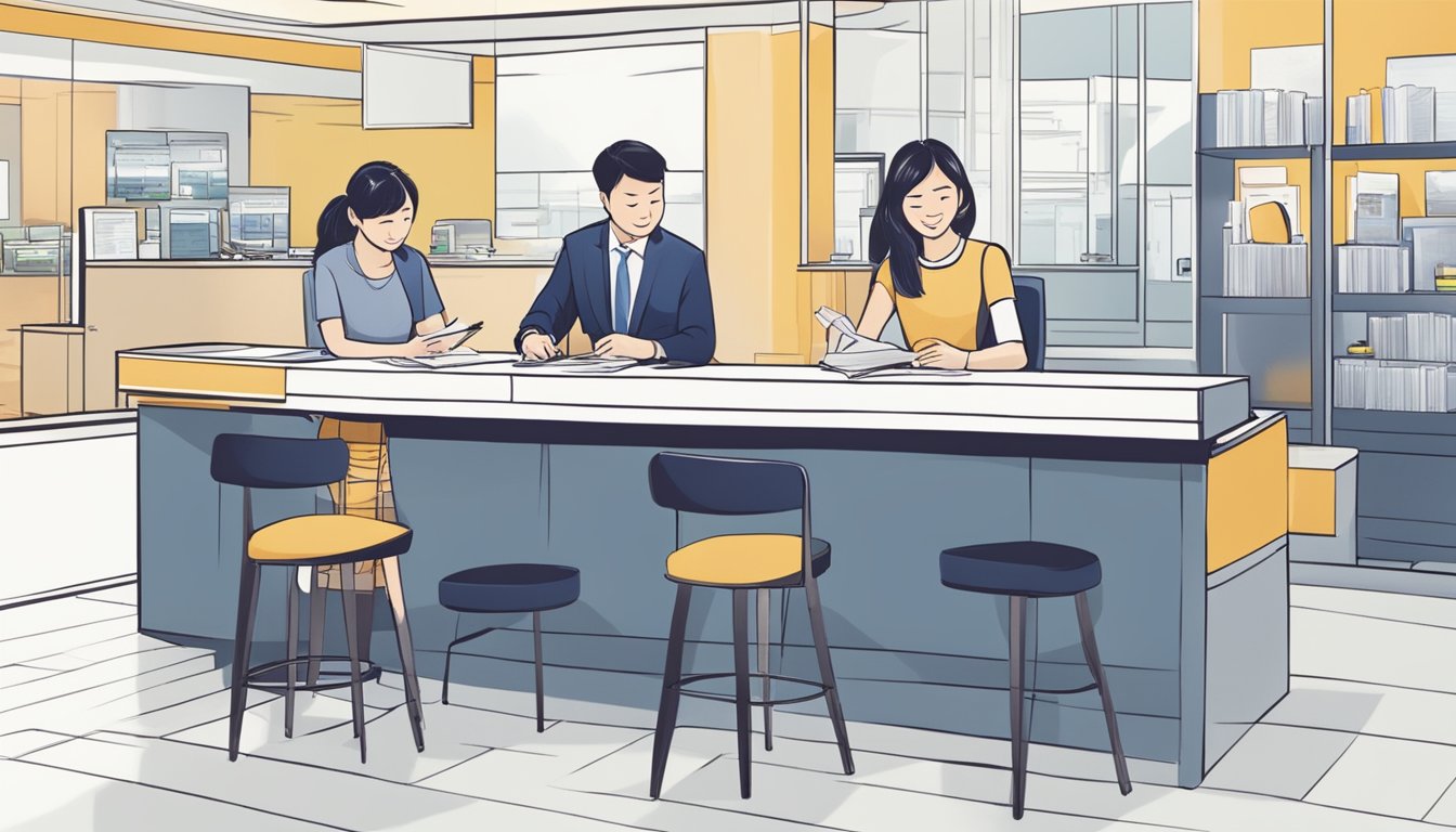 A couple sits at a bank, signing documents to open a POSB joint account in Singapore. The bank teller assists them with the process
