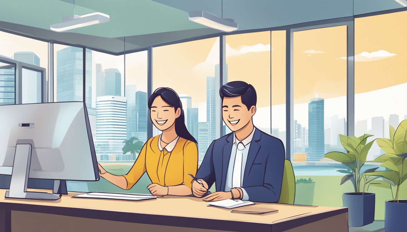 A couple smiling while opening a POSB joint account in Singapore, with a friendly bank teller assisting them