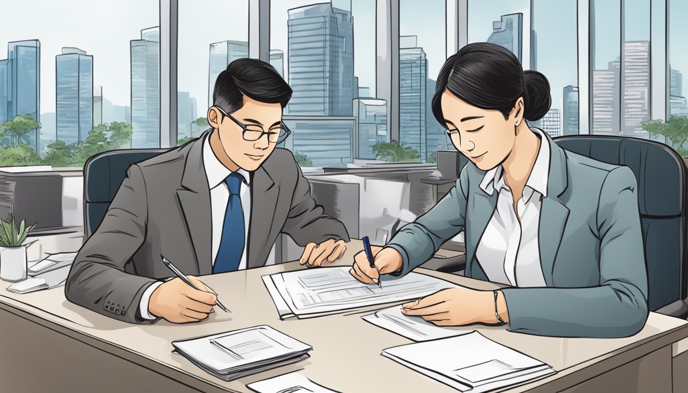 A couple sitting at a desk, signing documents to open a joint account at a POSB branch in Singapore. The bank representative assists them