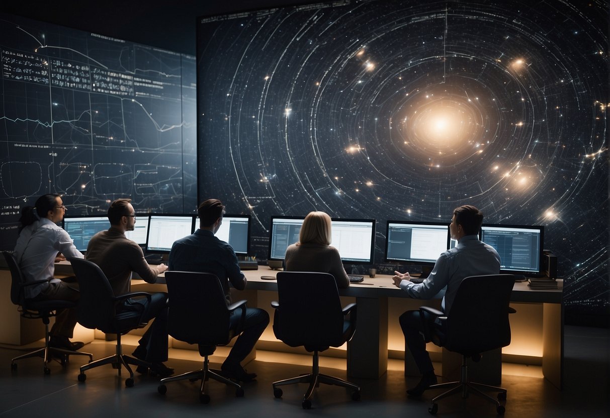 A group of astrophysicists gather around a computer, discussing the real-life science behind the black hole depicted in the movie Interstellar. Charts and graphs cover the walls, while equations and calculations fill the whiteboard
