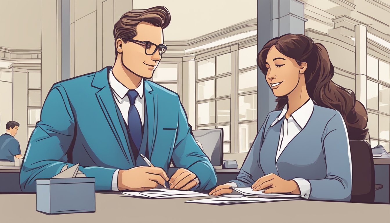 A couple sits at a bank desk, filling out forms for a joint account. The bank teller assists them with their questions