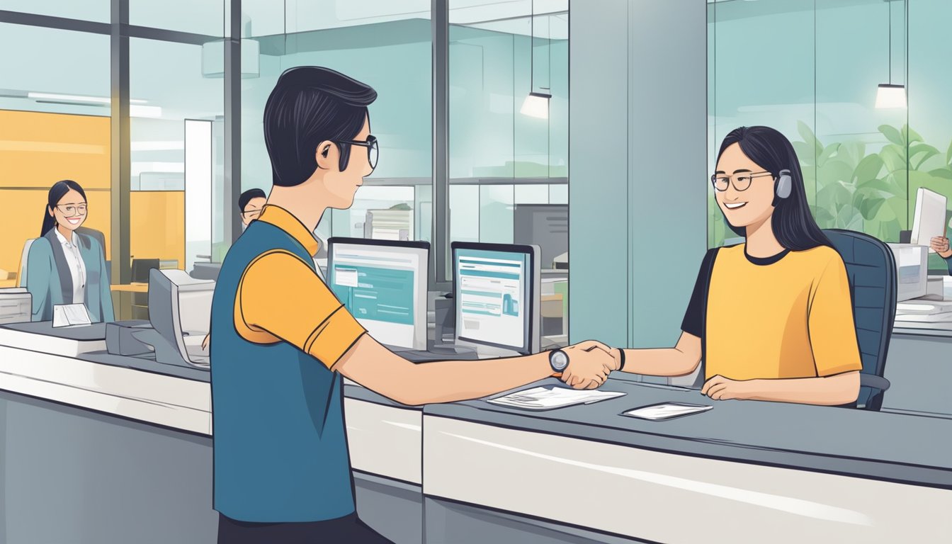 A person in Singapore applying for a POSB loan at a bank branch with a friendly teller assisting them