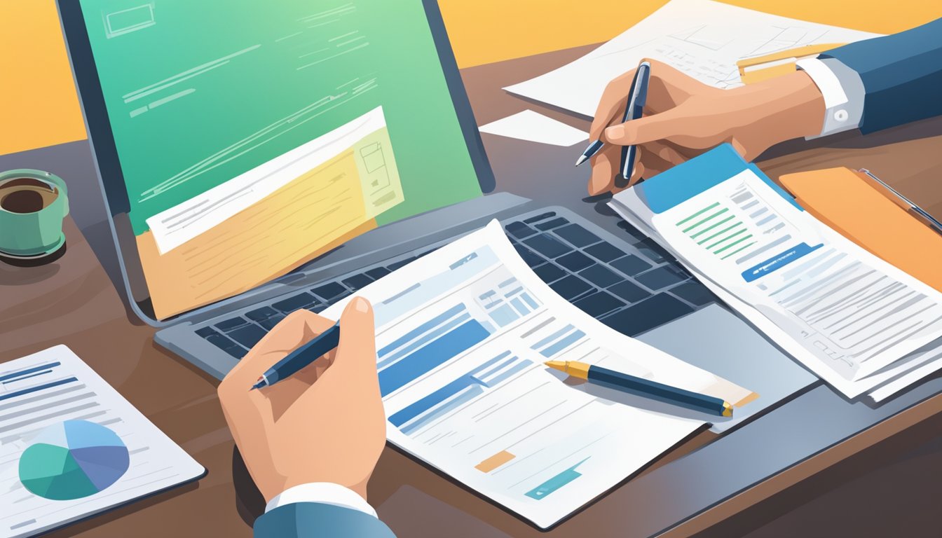 A hand holding a pen fills out a loan application form on a desk with a laptop and documents
