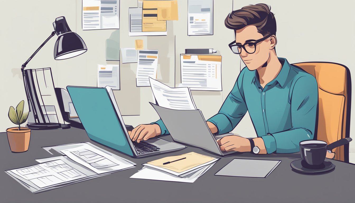 A person sitting at a desk, filling out a loan application form with a pen, while a laptop and financial documents are spread out in front of them