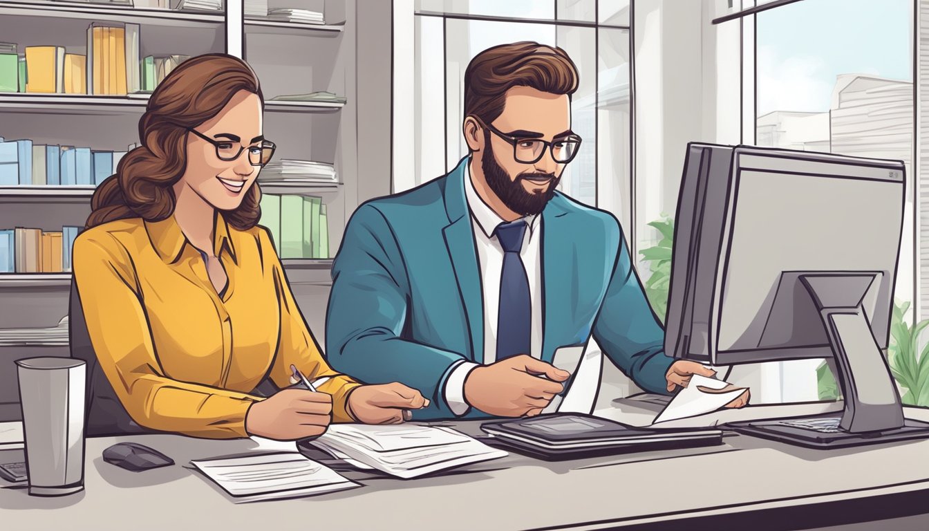 A bank teller disburses cash to a customer. The customer signs paperwork, while the teller updates the loan account on the computer